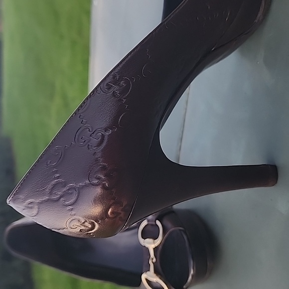 Gucci Gold clasp Horsebit Brown Leather GG Peep Toe Heels Size 40.5 C - Picture 7 of 12